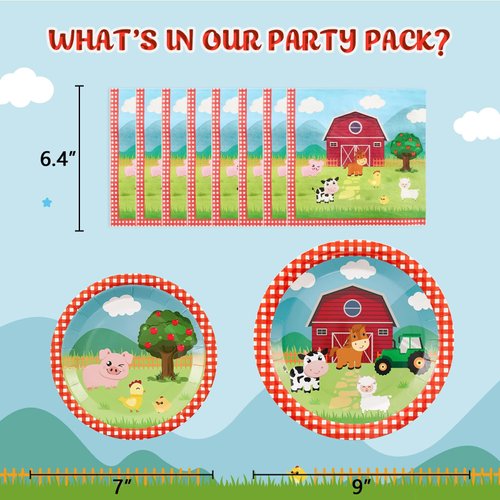 WERNNSAI Farm Party Plates Napkins Set- 48PCS Barnyard Farm Animals Tableware Party Supplies for Kids Birthday Disposable Dinnerware Dessert Plates Luncheon Napkins Serves 16 Guests