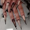 Brown Press on Nails Long Stiletto Pointed Fake Nails with French Tips Rhinestones Designs Sharp Goth Black Ombre Acrylic Nails Stick on Nails Luxury Halloween Glossy Glue on Nails for Women 24Pcs