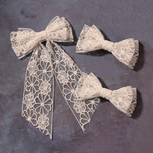 Furling Pompoms Hair Clip - 3 Pack White Lace Hair Bows for Women, Big Bow Hair Clips for Girls, Long Tail Hair Ribbons Metal Barrette Clips Hair Accessories