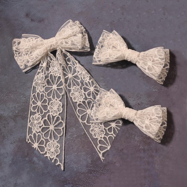 Furling Pompoms Hair Clip - 3 Pack White Lace Hair Bows for Women, Big Bow Hair Clips for Girls, Long Tail Hair Ribbons Metal Barrette Clips Hair Accessories