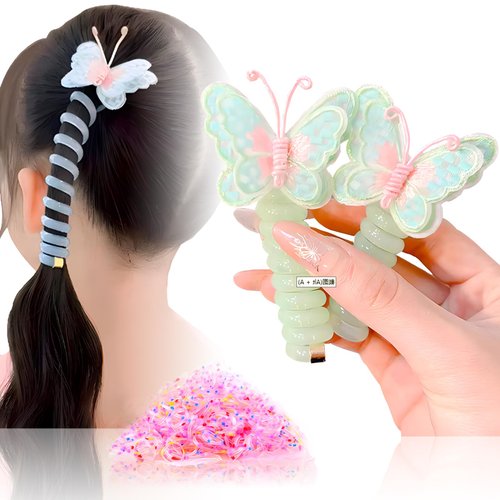 Butterfly Telephone Wire Hair Bands Colorful Telephone Wire Hair Bands Spiral Hair Ties Phone Cord Kids Hair Accessories For Girls, Perfect For Various Outfits (2pcs-Green)
