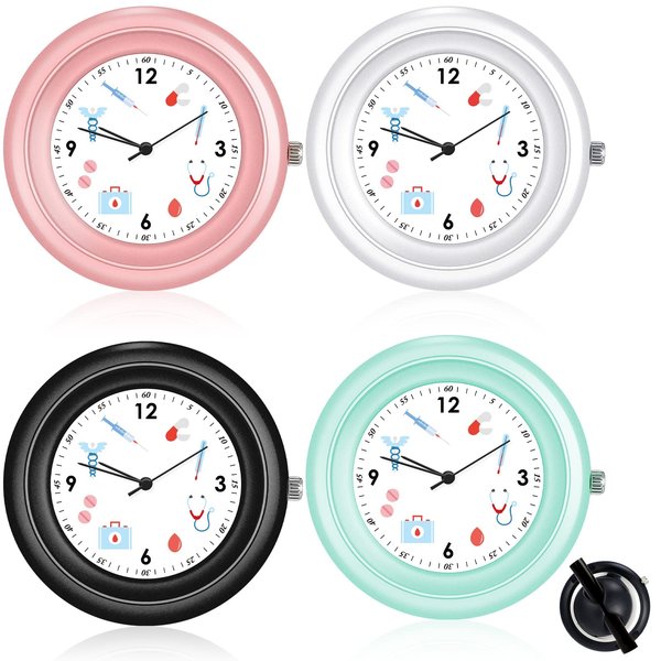 Janmercy 4 Pcs Stethoscope Watch with Medical Symbols for Doctor Clinic Staff Tunic Nurses Stethoscope Clock Watches Clip on Watch Lightweight Frame Nursing Stethoscope Accessories