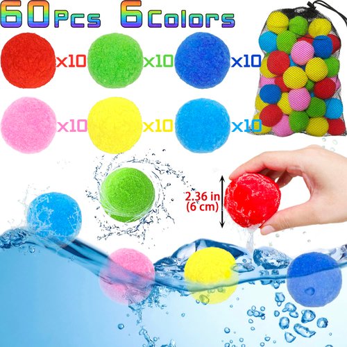 Jishi 60pcs Water Balls Reusable Water Balloons, Kids Outdoor Games Water Toys for Beach Pool Backyard Play, Toddler Sports Outside Toys Games & Activities, Summer Fun Party Favors for Kids Boys Girls