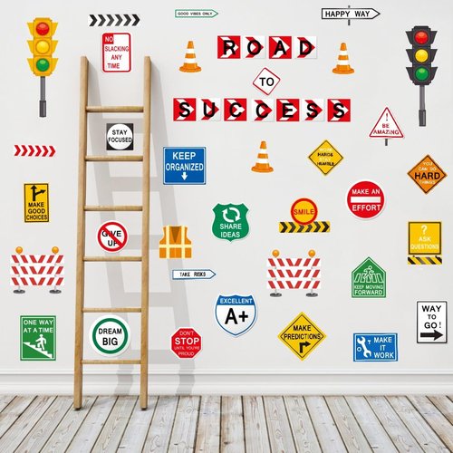 YIMEHDAN Road to Success Wall Decal, Inspirational Quote Traffic Sign Vinyl Wall Stickers, Removable Street Transportation Educational Artwork for Classroom Office Playroom Decor