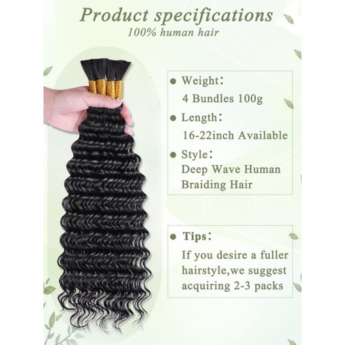 KULYMUWIG Human Braiding Hair for Boho Braids 18 Inch 100 g 4 Bundles Deep Wave Bulk Human Hair for Braiding No Weft 10A Curly Human Hair Extensions for Braids Wet and Wavy Human Braiding Hair