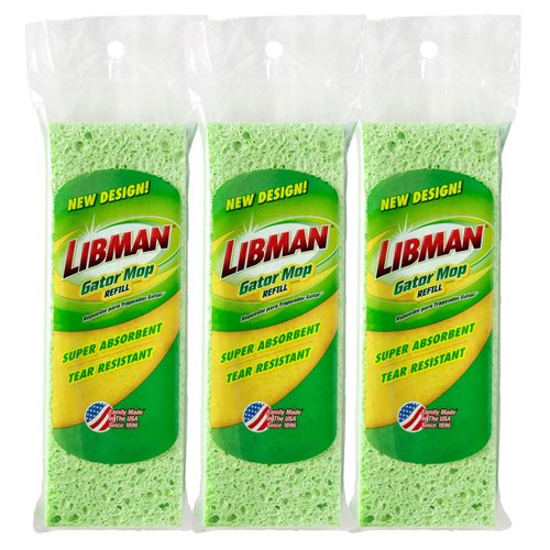 Libman 1487 Gator Mop Refill Pack – Extra-Absorbent, Cellulose Coated Sponge Replacement Heads for The Libman Gator Mop, 3-Pack