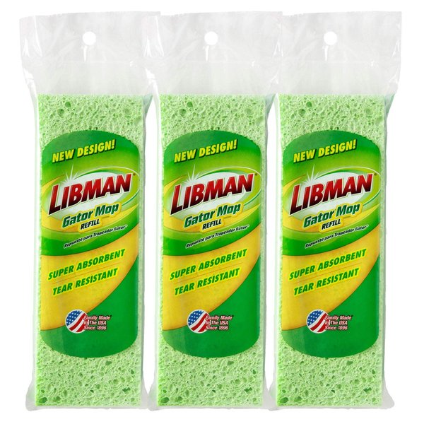 Libman 1487 Gator Mop Refill Pack – Extra-Absorbent, Cellulose Coated Sponge Replacement Heads for The Libman Gator Mop, 3-Pack