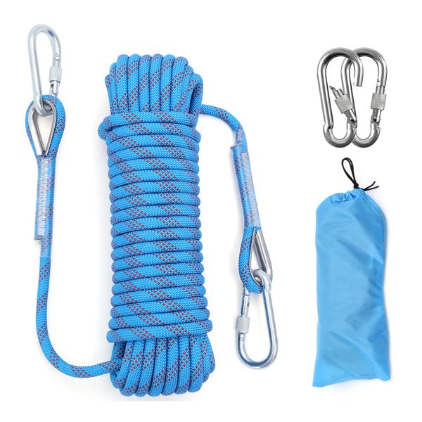 Outdoor Climbing Rope 12MM Diameter 10M(32ft) 20M(64ft) Static Rock Climbing Rope,Tree Climbing Rappelling Rope,Escape Nylon Rope,Ice Climbing Equipment Fire Rescue Parachute Rope with 2 Steel Hooks