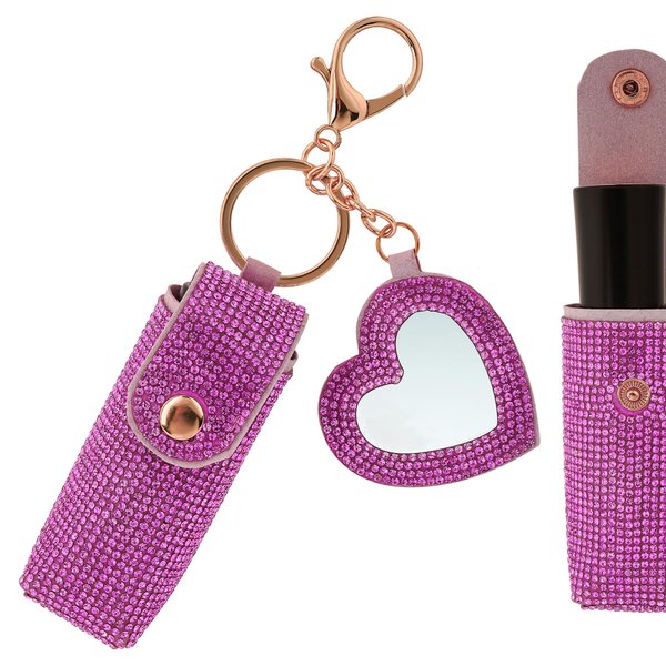Biiange Lipstick Organizer Keychain, Rhinestone Lipstick Case with Mirror, Lip Balm Case, Lipstick Leather Holder Lip Gloss Bag for Outdoor, party, gathering, home storage