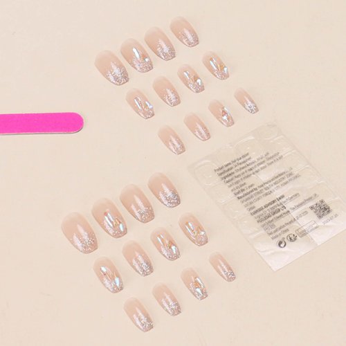 Hkanlre Bling Coffin Press on Nails Fake Nails Tips Full Cover Medium False Gradient Nails for Women and Girls 24PCS (Nude rhinestones with bling)