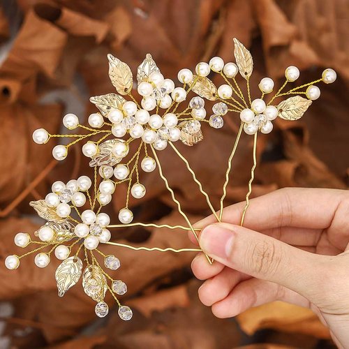 Gorais Pearl Bride Wedding Hair Pins Leaf Bridal Hair pieces Rhinestone Hair Clips Hair Accessories for Women and Girls (Pack of 3) (A-Gold)