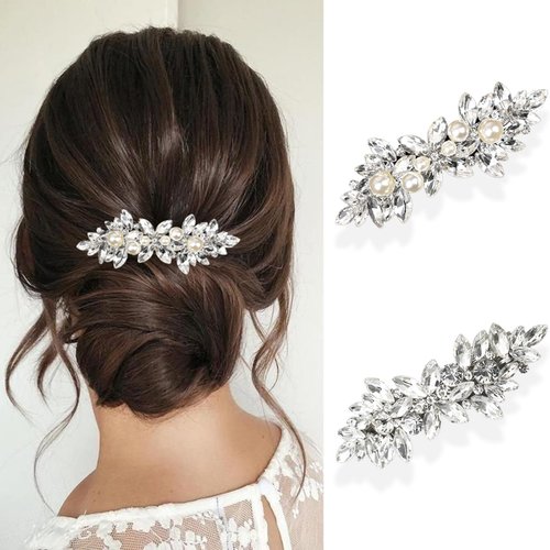 AOREAS 2Pcs Rhinestone Hair Clips Crystal Pearl Hair Barrettes for Women Wedding Bridesmaid Flower Hair Accessories Jewerly for Bridal,Wedding,Party,Prom (Silver Silver)