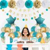 Teal and Gold Birthday Decorations, Turquoise Birthday Party Decoration Teal Blue White Gold Birthday Balloons Happy Birthday Banner Foil Balloon Aqua Pom Poms for Women Girls Birthday Party Supplies