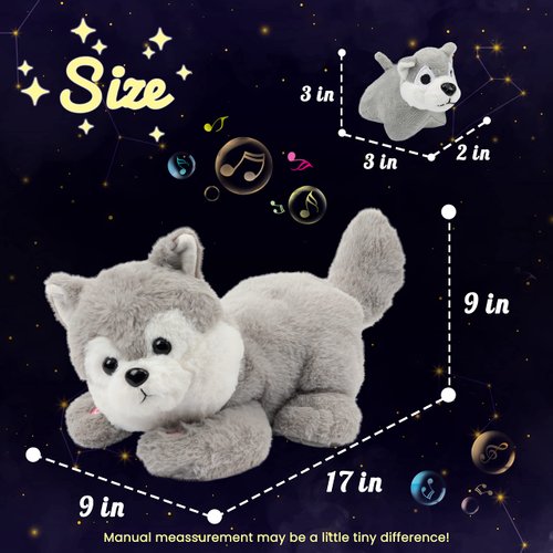 Hopearl LED Musical Stuffed Husky Lighting Up Singing Plush Toy Playset Mommy Dog with 3 Baby Puppies in her Tummy Lullaby Animated Soothe for Mom Toddler Girls, Gray, 17''