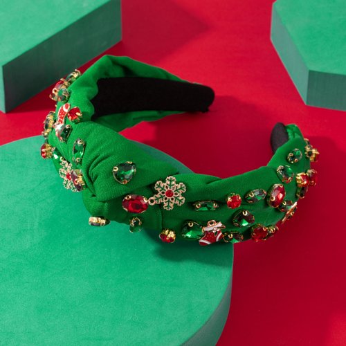 Christmas Jeweled Headband for Women Red Green Crystal Xmas Tree Snowflake Embellished Knotted Hairband ladies Twist Wide Green Hair Band Accessories Fashion Holiday Hairband Gifts (Christmas-Green)