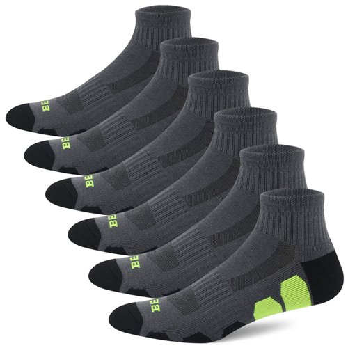 BERING Men's Performance Athletic Ankle Running Socks, Size 9-12, Dark Grey, 6 Pairs