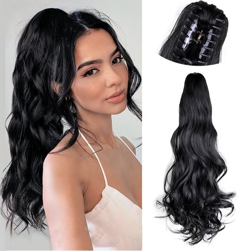 Yufeihe Hair Ponytail Extension 22Inch Claw Clip In Ponytail Hair Extensions 150g/pack Pony Tail Extensions Natural Wavy Synthetic Curly Hairpiece For Women(Black,1B)