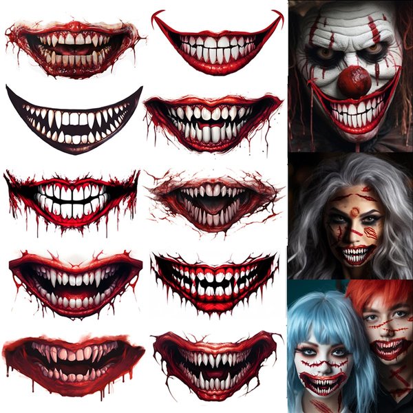 ENYACOS 10 Sheets Halloween Mouth Tattoos, Fake Scars Tattoos,Zombie Fake Wounds Tattoos, 3d Fake Scars Temporary Scary Face Tattoos，Halloween Face Stickers Halloween Make Up (A)