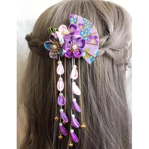 CRB Fashion Womens Kimono Traditional Tsumami Kanzashi Outfit Wedding Japanese Asian Yukata Hair Tie Flower Floral Sakura Fan Barrette Clip (Lilac Blue)