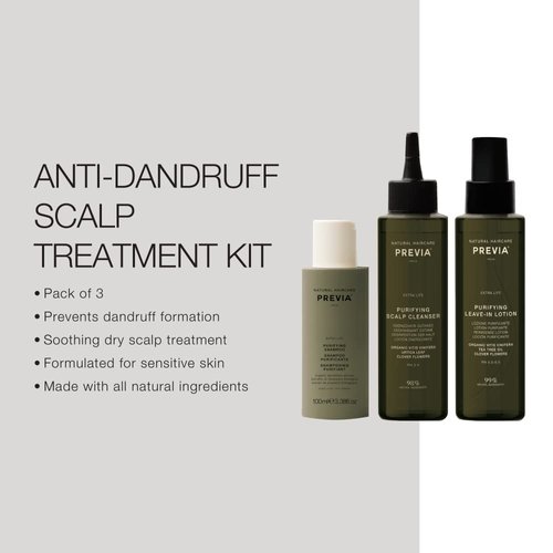 Previa Purifying Scalp Treatment Kit - Extra Life Anti-Dandruff Shampoo, Cleanser, and Leave-In Hair Lotion (3.4 oz each)