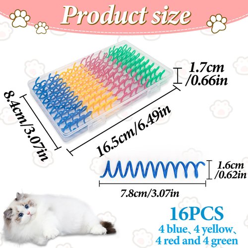 Andiker Mini Cat Spiral Springs, 16Pcs Cat Springs Toy Come with a Storage Box Long-Lasting 4 Bright Colors Plastic Springs Cat Toy for Indoor Cat Swatting Biting Hunting Self-Play Kitten Toys (S)