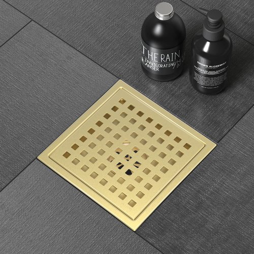 WEBANG 6 Inch Square Shower Floor Drain with Flange,Quadrato Pattern Grate Removable,Food-Grade SUS 304 Stainless Steel,Watermark&CUPC Certified, Brushed Gold Brass