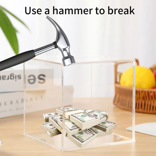 H&W Clear Piggy Bank for Adults Kids, Acrylic Coin Bank for Boys Girls to Saving Money Cash Coin, Must Break to Access Money, Perfect Size, 4.72''