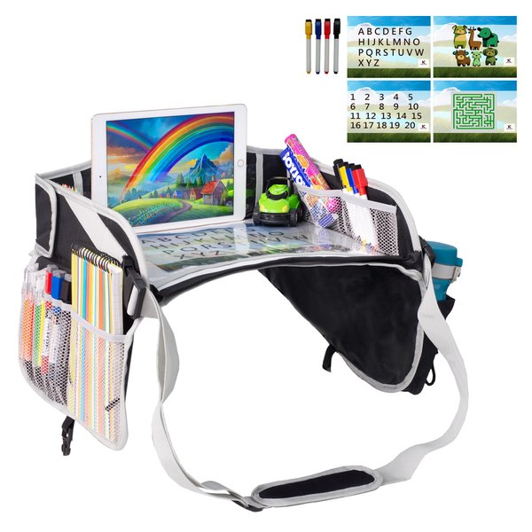 KARLCHUCK Kids Travel Tray Car Seat - Lap Desk for Toddler Road Trips Airplane Activity Table with Pockets Tablet Holder Essential Accessories