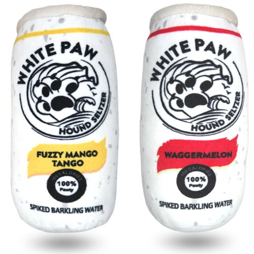 PupCulture - White Paw - Soft Plush Squeaky Chew Toy Dog Puppy Toy - Two Pack - Alcohol Parody Funny Beer Toy - Barkling Seltzer
