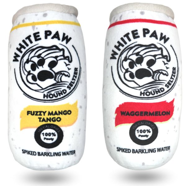 PupCulture - White Paw - Soft Plush Squeaky Chew Toy Dog Puppy Toy - Two Pack - Alcohol Parody Funny Beer Toy - Barkling Seltzer