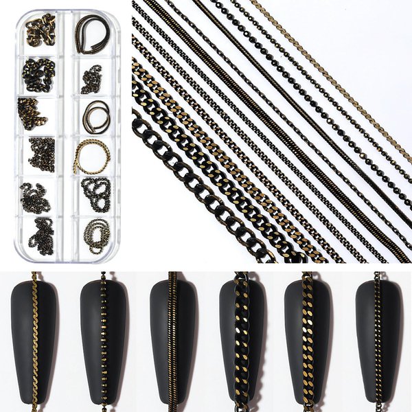 JERCLITY 1 Box 12 Strips Nail Chains for Nail Art Black Alloy Metal Nail Art Chains Black Nail Charms Punk Nail Studs Black Chain Jewelry Accessories for Women Nail Art