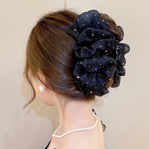 Myhiju Hair Clip, Black Chiffon Mesh Tulle Rhinestone Bow Hair Clip, Strong Hold Silk Bowknot Claw Clip for Women, Hair Accessories for Thick Hair, Daily, Party