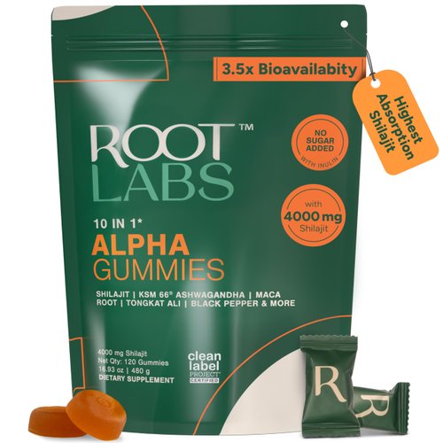 ROOT LABS 10-in-1 Alpha Shilajit Gummies | 4000 mg Pure Himalayan Shilajit, Tongkat Ali, Maca Root, 75% Fulvic Acid | ShilAbsorb Bioavailability Tech | Sugar-Free Vegan, 85+ Trace Minerals | 120 Pack