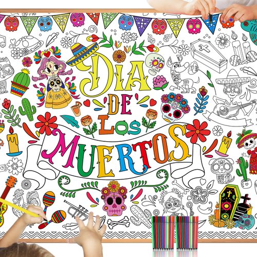 HOWAF Dia De Los Muertos Coloring Poster with 24 (12 Colors) Paint Pens, Dia De Los Muertos Party Decoration Supplies Coloring Poster Banner for Mexican Themed Party, Day of The Dead Coloring Table