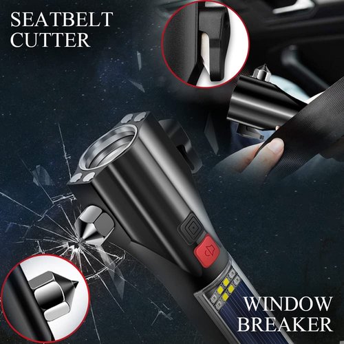 SINSEN Car Safety Hammer Flashlight, Tactical Emergency Rescue Tool, LED High Lumens Rechargeable Solar Powered Escape Kit, Window Glass Breaker and Seatbelt Cutter, Self Defense Multi-Function Torch