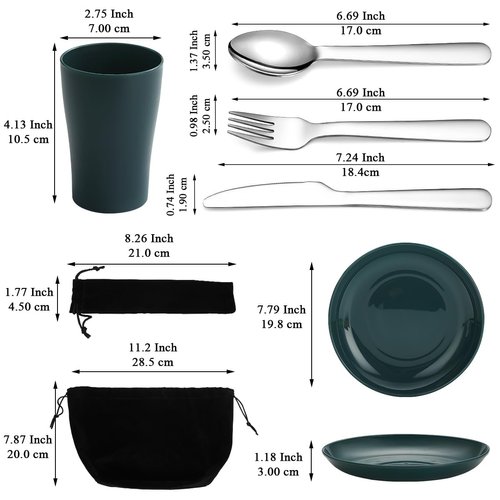 Evanda Camping Utensils Mess Kit for 1 Person, Including Camping Spoon, Fork, Knife, Plate and Cup Packed in a Portable Bag, Easy to Carry, Dishwasher Safe
