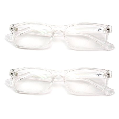2 Pairs Casual Fashion Rectangular Reading Glasses - Stylish Simple Readers Magnification (Clear, 1.50)