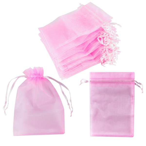 100 Pack 4x6 Inch Mini Sheer Drawstring Organza Transparent Bags Jewelry Sack Pouches for Wedding, Party Decorations, Arts & Crafts Gifts (Pink)