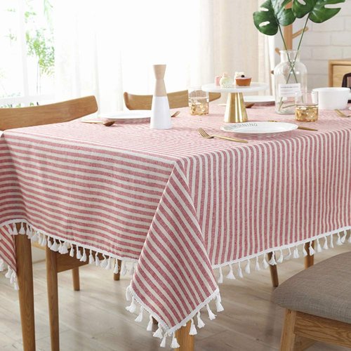 AMZALI Stripe Tassel Tablecloth Cotton Linen Stain Resistant/Dust-Proof Waterproof Table Cover for Kitchen Dinning Tabletop Decoration (Rectangle/Oblong,55 x 87 Inch, Red)