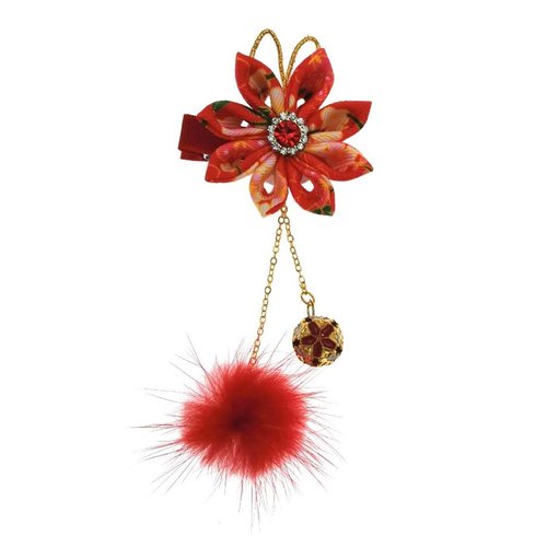 1pair Classical Hair Clips Floral Pompom Tassel Hair Clip Vintage Hair Pin Hanfu Hair Barrette Hair Accessories for Women Girls Ladies (Red)