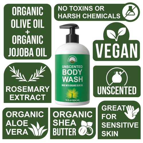 Body Wash Made With Organic Aloe Vera, Organic Olive Oil, Organic Jojoba Oil, Organic Coconut Oil, and Organic Shea Butter. Unscented And Great For Sensitive Skin. Natural Vegan Body Wash No Toxins