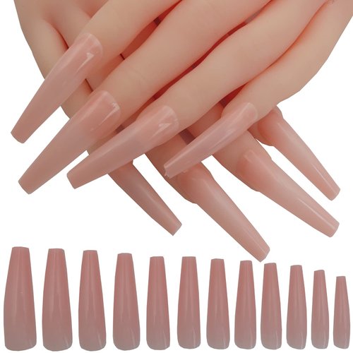 LuckForever 120pc Colored Extra Long Coffin Press on Nails XL Ballerina False Fake Nails Full Cover Artificial Nail Decor 12 Sizes for Salon and Home (Nude Pink)