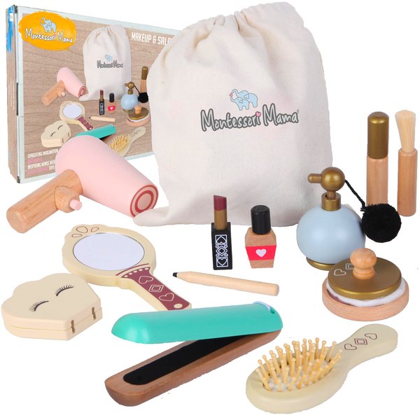 Montessori Mama Makeup and Salon Set - Wooden Pretend Play Beauty Play Makeup Kit with Styling Tools and Cosmetics - Pretend Makeup for Toddlers for 4 Year Old Girl