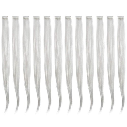 SWACC 12 Pcs Straight One Color Party Highlights Clip on in Hair Extensions Colored Hair Streak Synthetic Hairpieces (Sliver Gray)