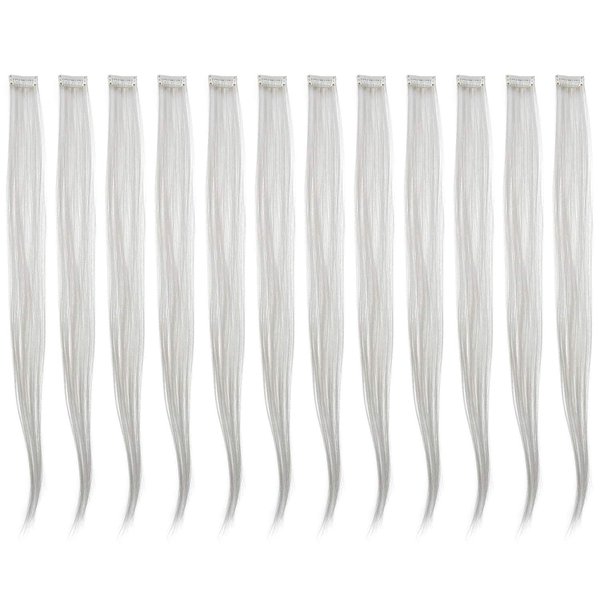 SWACC 12 Pcs Straight One Color Party Highlights Clip on in Hair Extensions Colored Hair Streak Synthetic Hairpieces (Sliver Gray)