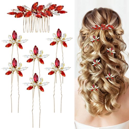Dizila 7 Pieces Decorative Red Party Prom Wedding Bridal Rhinestone Hair Side Comb+U-shaped Hair Pins Accessories for Women Girls Brides Bridesmaids