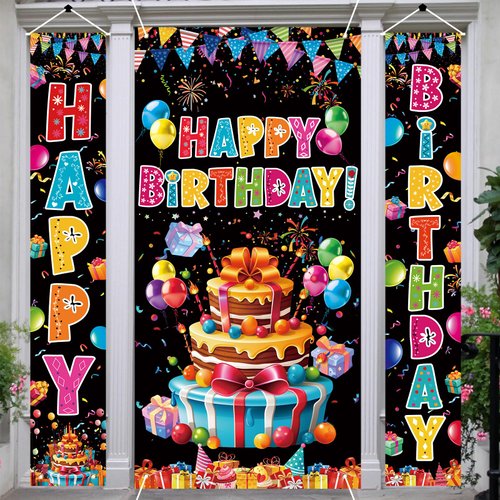 3 Pcs Colorful Happy Birthday Door Banner Happy Birthday Porch Sign Birthday Indoor and Outdoor Party Decor Birthday Hanging Decoration for Girls Boys Party Supplies(Black)