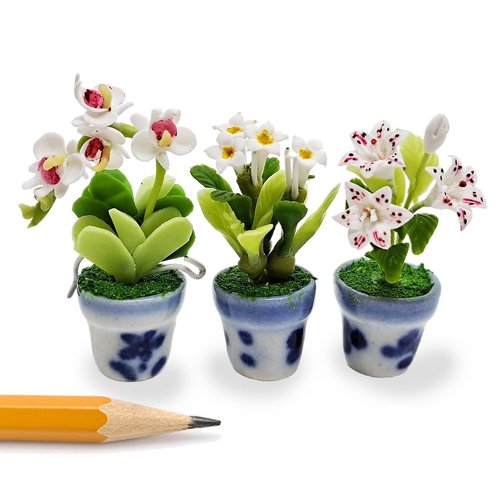 WitnyStore Tiny 1½" High 3 Pieces Set Lily Orchid Plumeria Hand Made Artificial Flowers Realistic Colorful Miniature Modelling Clay Flower Pots Brilliant Variety of House Plant Species Home Decoration