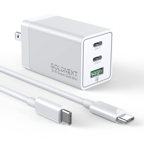 GOLDNEXT 67W USB C Charger, 3-Port PD 3.0 GaN Fast Wall Charger Block, PPS Foldable Power Adapter with Type C Cable for MacBook Pro/Air, Dell XPS, iPad, iPhone 15, Galaxy S23, Pixel