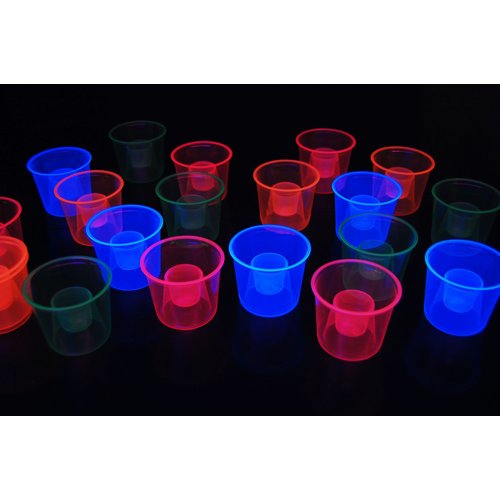 DIRECTGLOW LLC 4oz 20ct Assorted Blacklight Reactive Soft Plastic Bomber Shot Glasses